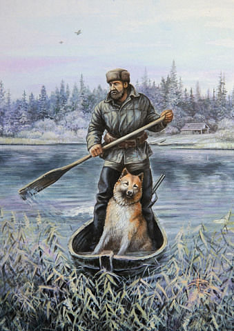 на охоту - вода, мужчина, камыш, собака, осень - оригинал