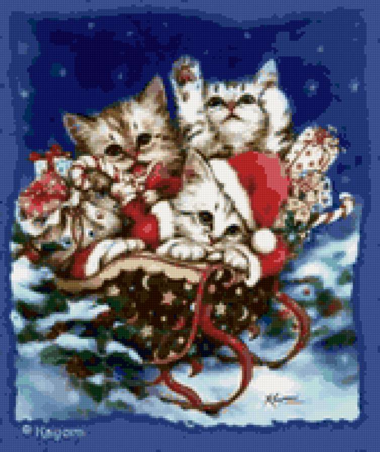 Котята в санях - сани, снег, зима, кошки - предпросмотр