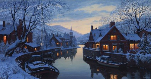 Серия "Пейзаж. Зима" - зима, корабль, пейзаж, домик, река - оригинал