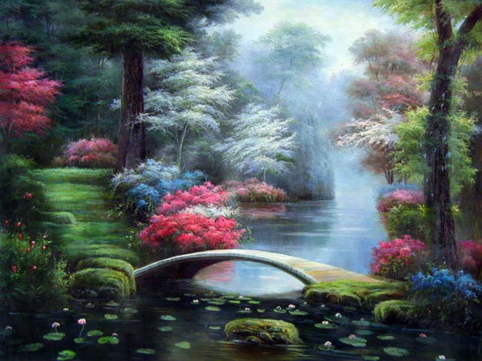 Сказочный пейзаж - деревья, лето, цветы, вода, река, мост. природа - оригинал