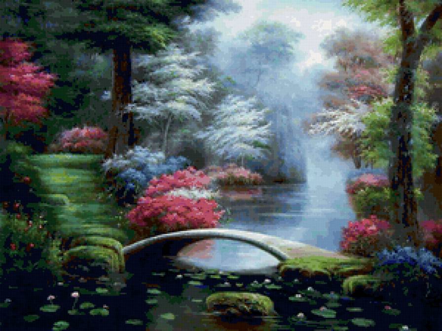 Сказочный пейзаж - река, цветы, вода, деревья, лето, мост. природа - предпросмотр