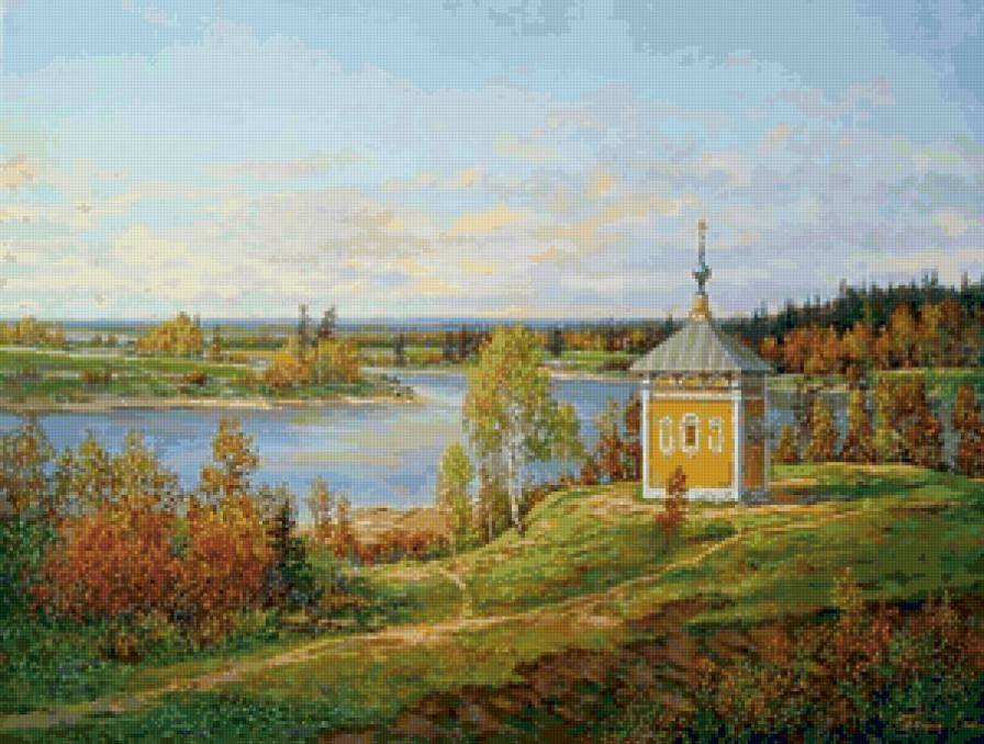 Часовенка - река, часовня, пейзаж, осень, церковь - предпросмотр