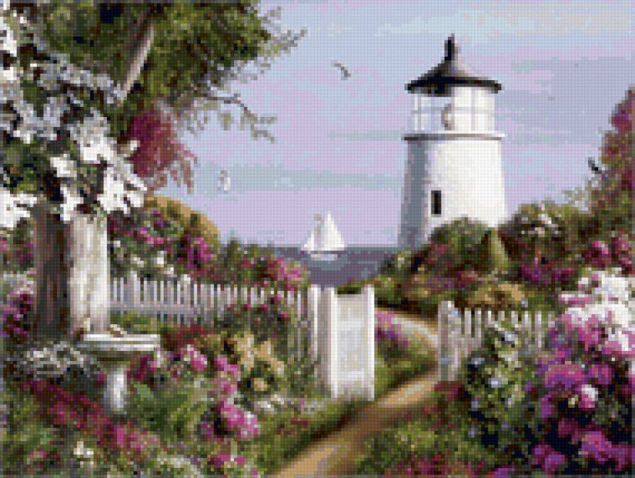 маяк - красота, цветы, маяк, живопись, картина, лето, море, пейзаж - предпросмотр