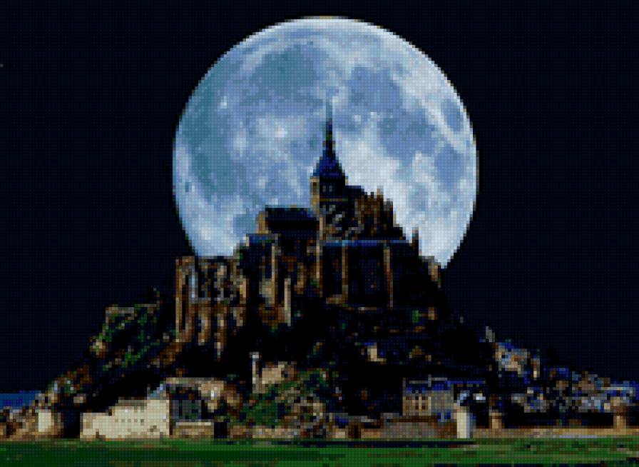 Замок Мон-Сен-Мишель - пейзаж, замок, луна, ночь - предпросмотр
