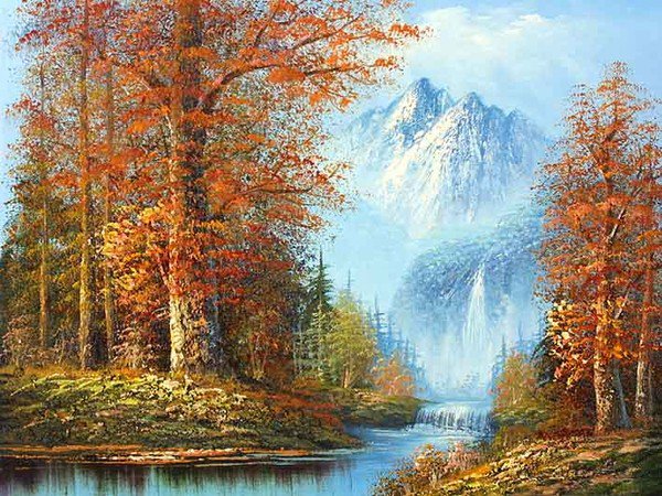 Краски осени - пейзаж, живопись, лес, осень, картина, горы, река, природа - оригинал