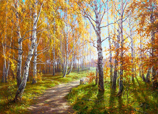 Тропинка в осень - лес, осень, картина, пейзаж, живопись, березки, тропинка - оригинал