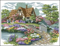 домик - дом, цветы, мост, озеро - оригинал