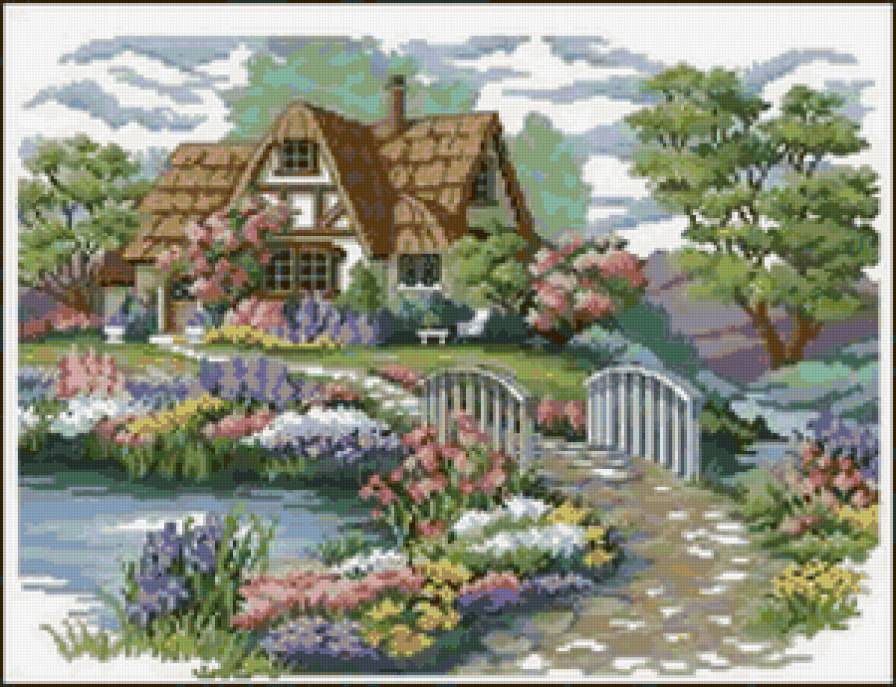 домик - дом, мост, озеро, цветы - предпросмотр