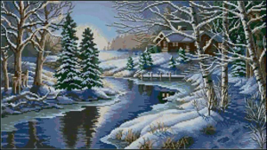 зима - домик, зима, пейзаж, деревья, снег, река - предпросмотр