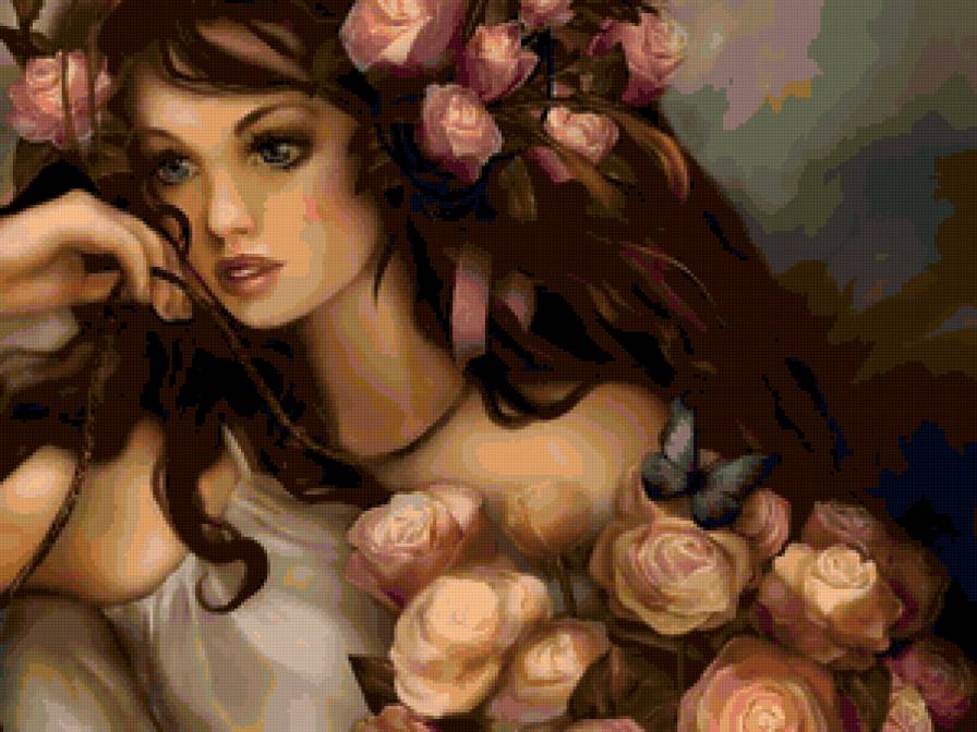 девушка - девушка, взгляд, лица, розы, цветы, фэнтези, люди, чувства, тоска - предпросмотр