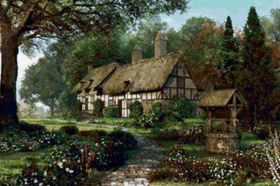 домик в деревне - живопись, картина - предпросмотр
