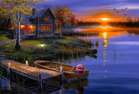 Рыбацкое поместье - осень, домик, лодка, озеро, утки, фонарь - оригинал