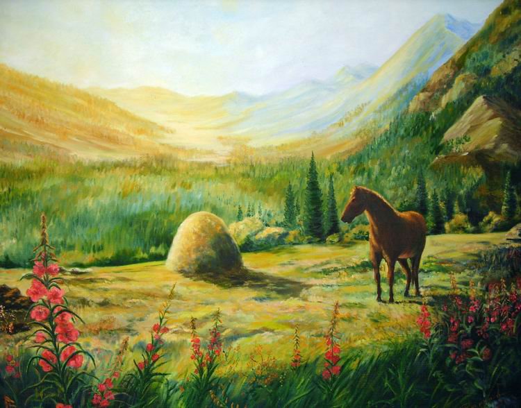 Серия "Пейзаж. Лето" - лошади, лето, животные, горы, пейзаж - оригинал