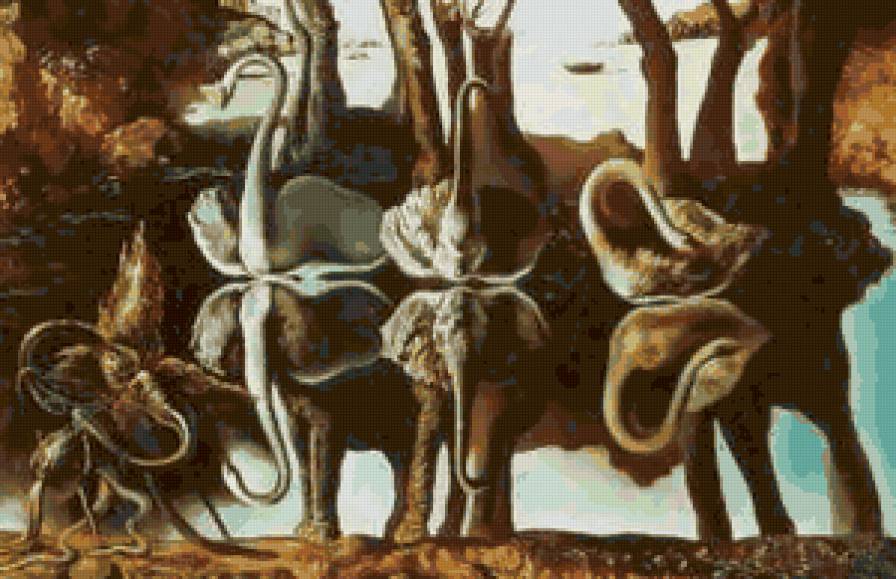 Лебеди, отраженные в слонах - искусство, дали, слоны, лебеди, картина, живопись - предпросмотр