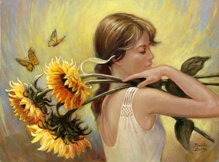 Девушка с пдсолнухами - девушка, цветы, живопись - оригинал