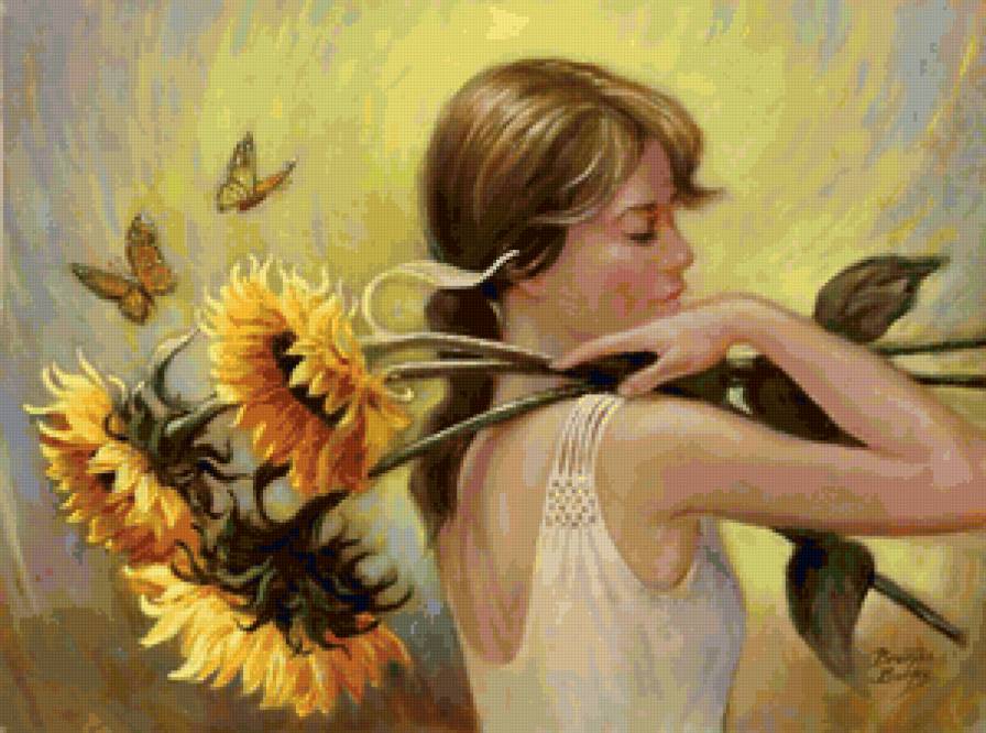 Девушка с пдсолнухами - цветы, девушка, живопись - предпросмотр