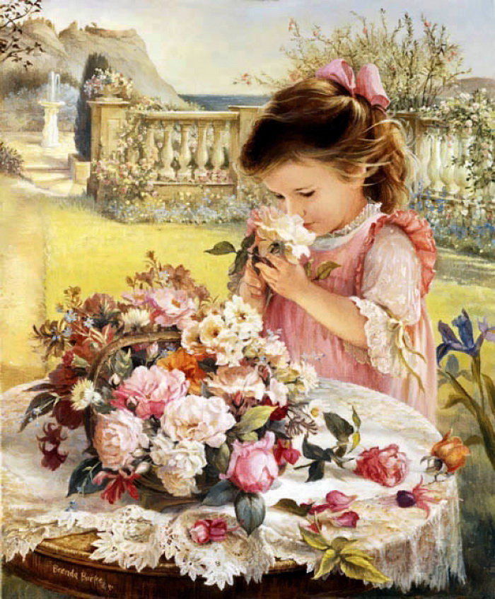 Девочка и цветы - цветы, живопись, пейзаж, дети - оригинал