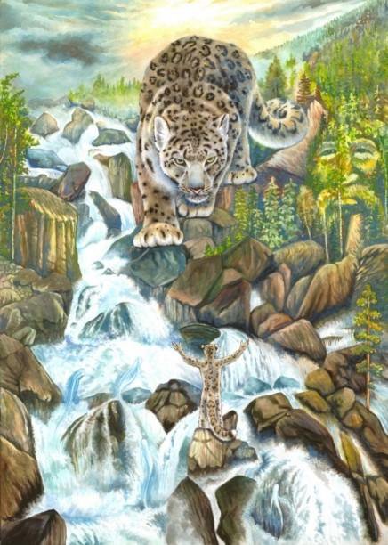 Леопард - животные, живопись, пейзаж, река - оригинал