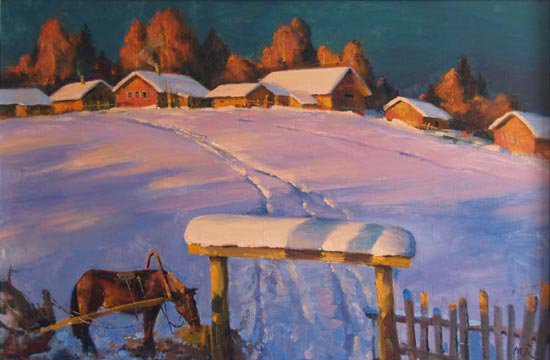 Серия "Пейзаж. Зима" - лошади, пейзаж, животные, зима, домик - оригинал