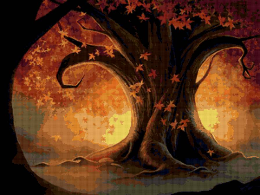 Волшебный лес - лес, волшебный лес, осень фэнтези, свет, дерево, листья - предпросмотр