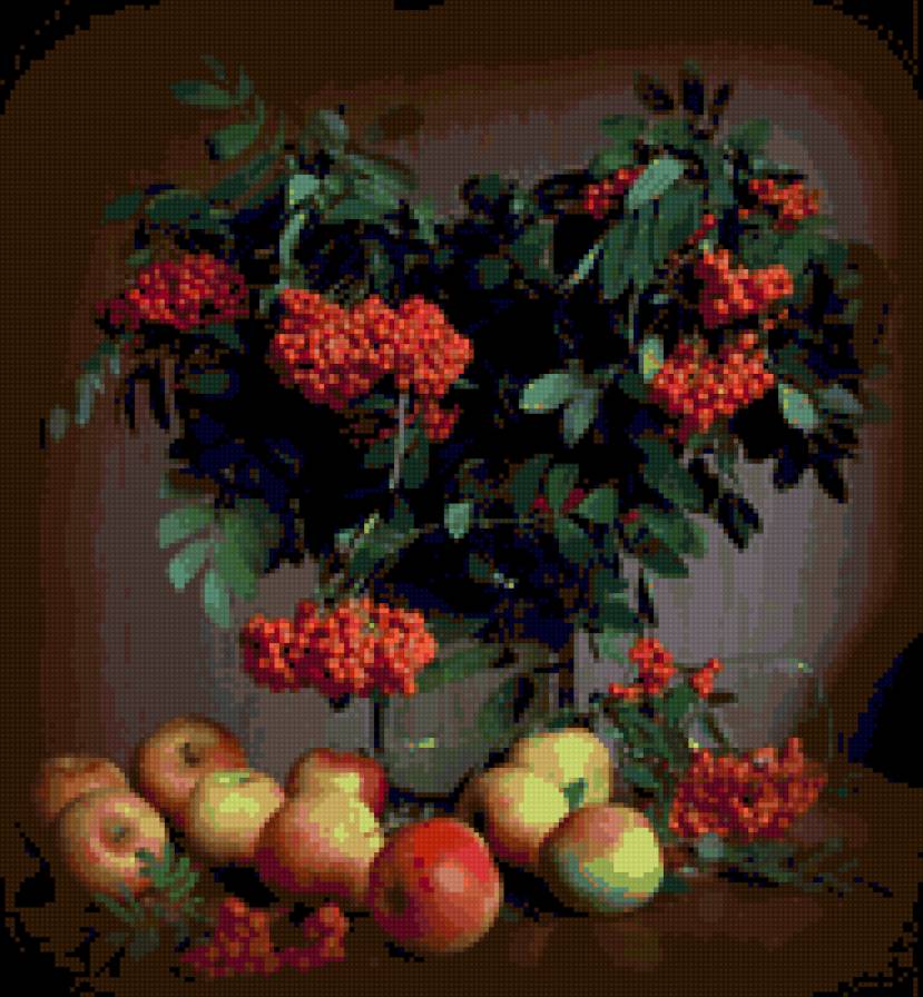 грозди рябины красной - натюрморт, рябина, яблоки - предпросмотр