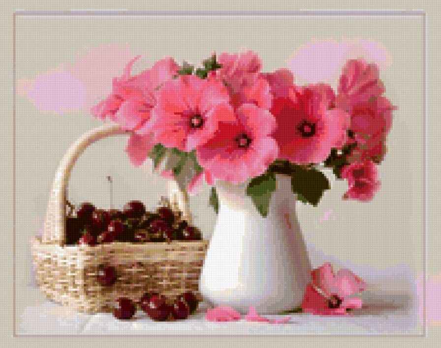 розовые тона - вишни, гибискус, букеты, цветы, натюрморт - предпросмотр