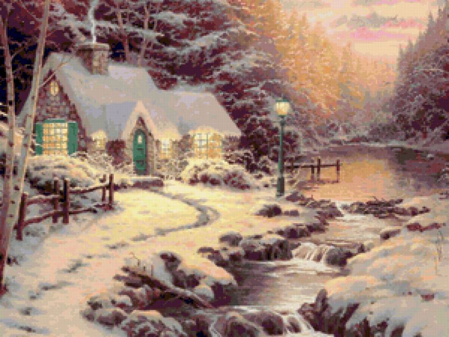 в ночь перед рождеством - картина томаса кинкейда, зима, ночь, домик, речка - предпросмотр