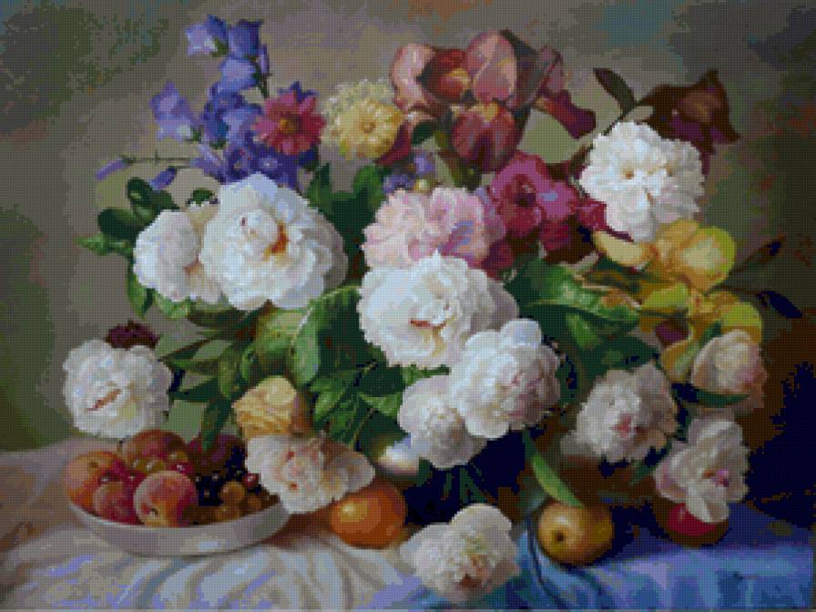 натюрморт цветы и фрукты - фрукты, цветы, букет, картина художника - предпросмотр