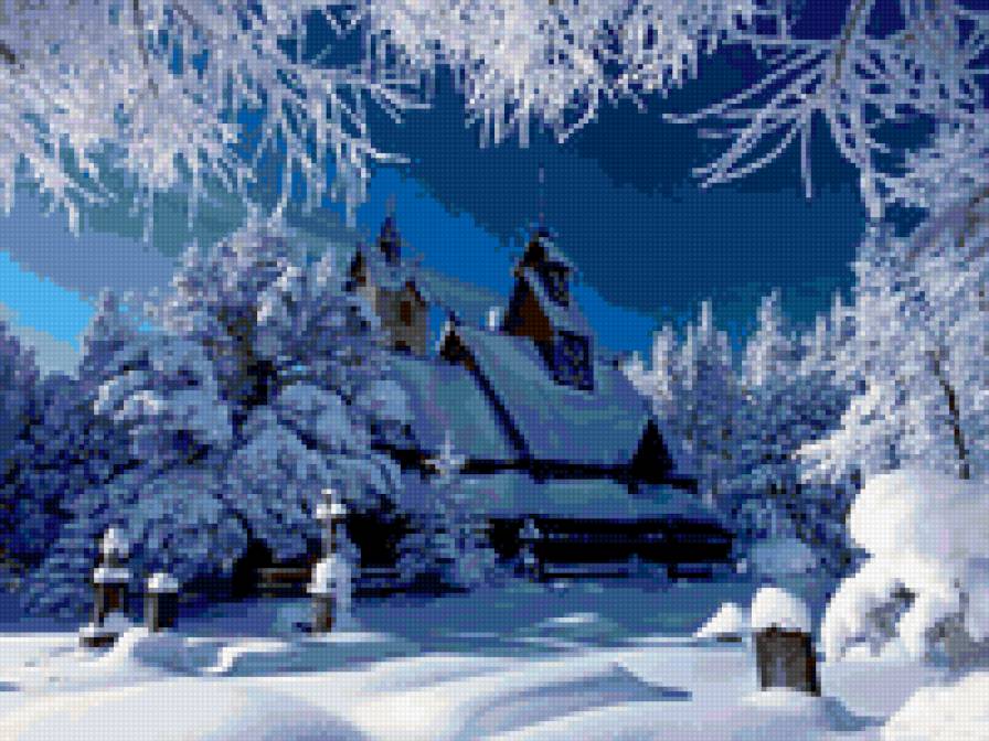 голубая зима - пейзаж, церковь, зима - предпросмотр