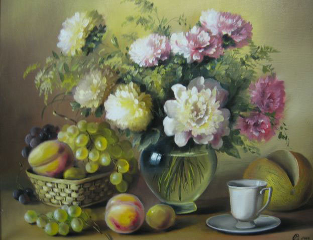 Натюрморт с цветами - букет, ваза, живопись, фрукты, натюрморт, цветы - оригинал
