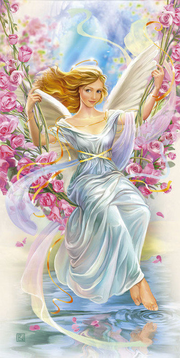 Ангел-хранитель - цветы, девушка, ангел, живопись - оригинал