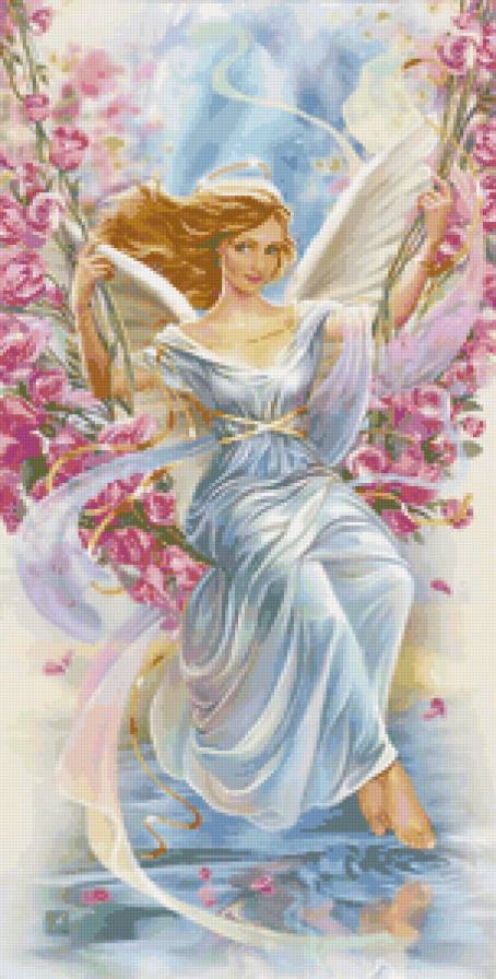 Ангел-хранитель - цветы, ангел, девушка, живопись - предпросмотр