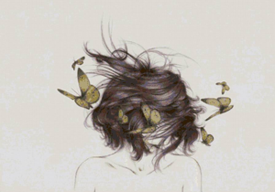 Бабочки в волосах - девушка, бабочки, женщина, ветер, рисунок, волосы - предпросмотр