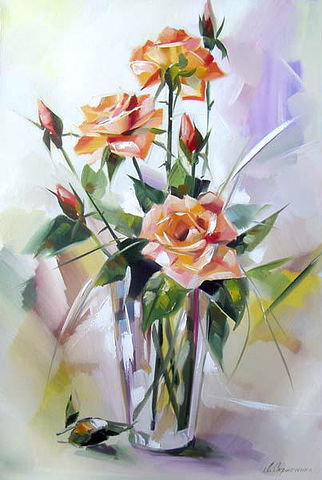 Розы - цветы, живопись, ваза, букет - оригинал