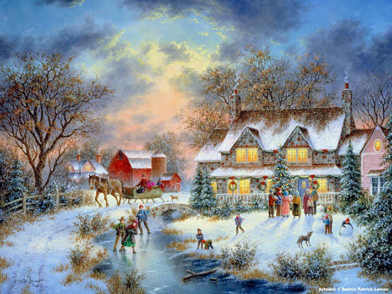 Серия "Пейзажи" - домик, зима, река, люди, пейзаж - оригинал