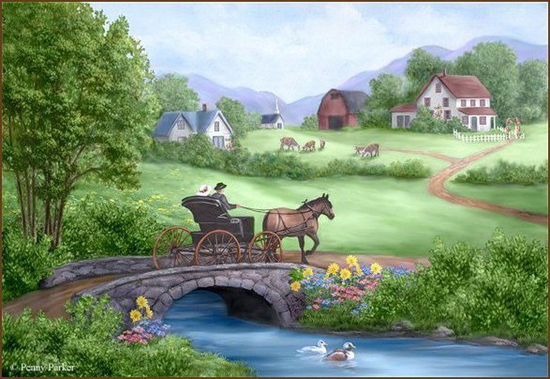 Серия "Пейзажи" - пейзаж, мост, домик - оригинал