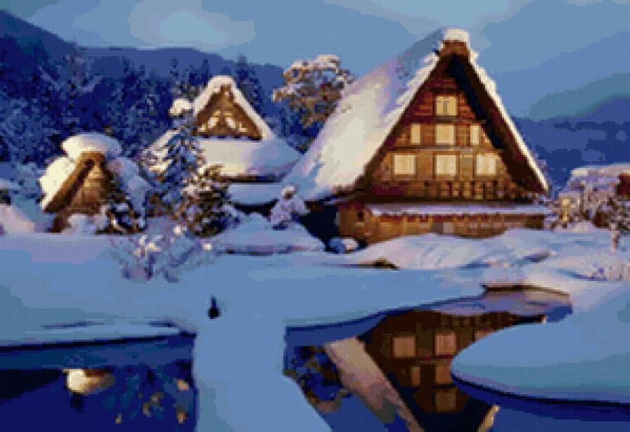 зимний пейзаж - природа, снег, зима, домик, пейзаж - предпросмотр