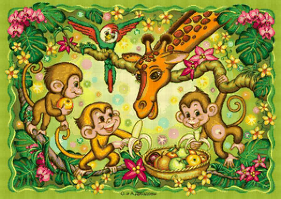 джунгли - жираф, африка, попугаи, зверята, детям, обезьянки, мультяшки - предпросмотр