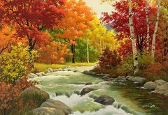 золотая осень - лес, деревья, осень, ручей, речка - оригинал