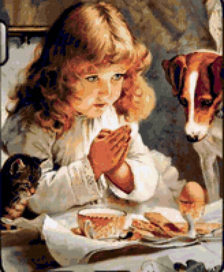 Детская молитва - животные, девочка, дети, кошки, кошка, молитва, собака - предпросмотр
