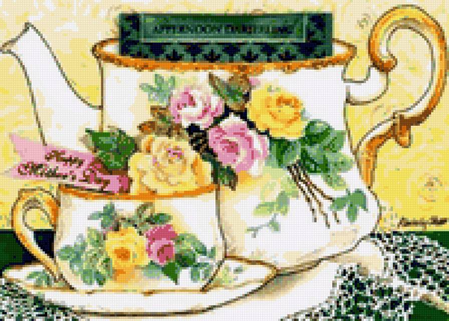 Чаепитие - для кухни, фарфор, розы, цветы, натюрморт, чаепитие, посуда - предпросмотр