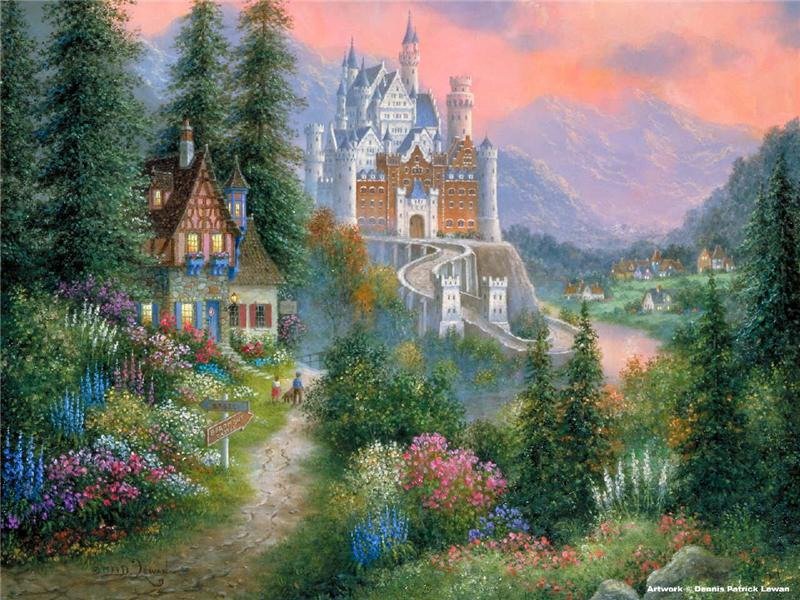 Серия "Пейзажи" - пейзаж, домик, цветы, замок - оригинал