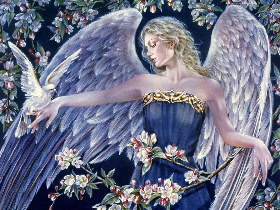 Ангел - ангелы, фэнтези, цветы, девушка, люди, птицы - оригинал