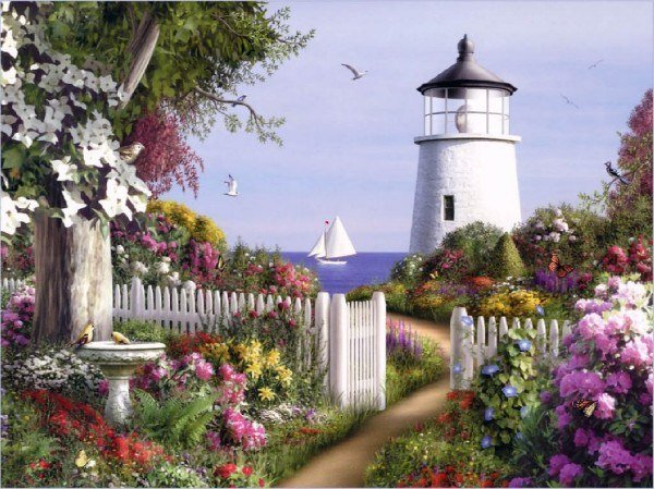пейзаж - цветы, пейзаж, море, маяк - оригинал