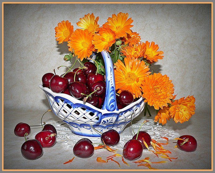 одуванчики и вишни - вишни, натюрморт, цветы, одуванчики - оригинал