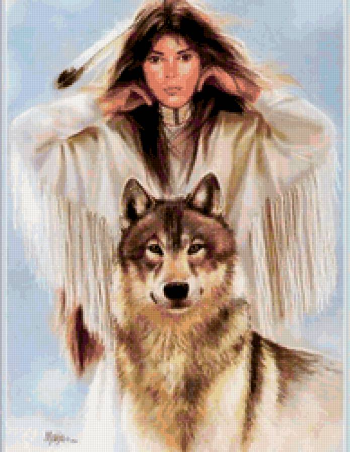 девушка с волком - индейцы, девушка, волк - предпросмотр