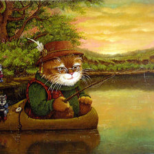 Оригинал схемы вышивки «кот и мышки на рыбалке» (№44680)