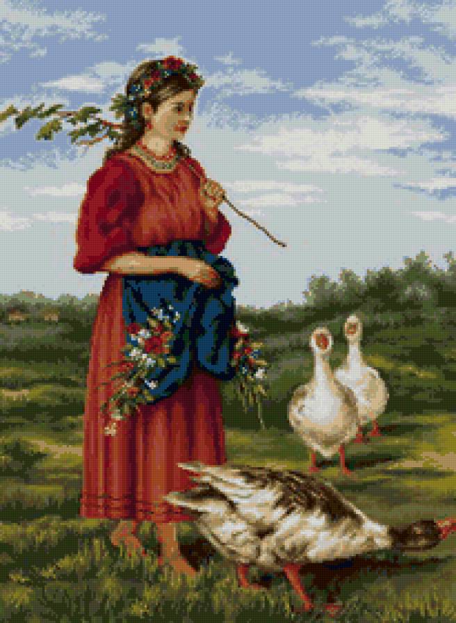Пастушка - пейзаж, картина, девушка, природа, цветы, гуси, луг - предпросмотр