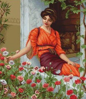 Утренние цветы - картина, у окна, утро, девушка, цветы - оригинал