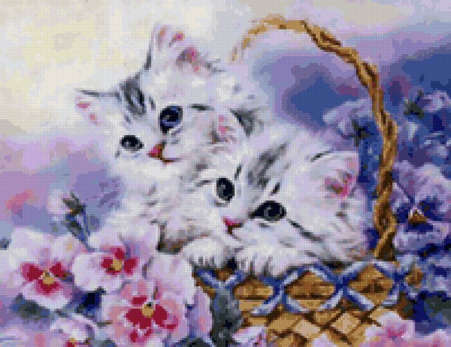 Котята в корзинке - корзина, цветы, животные, котята - предпросмотр